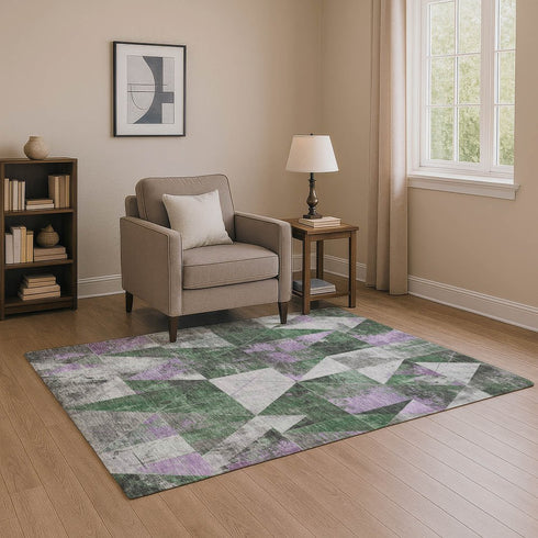 9' X 12' Emerald And Purple Geometric Washable Area Rug With UV Protection