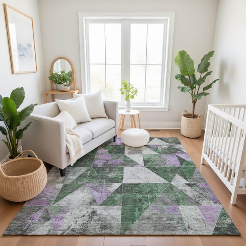 9' X 12' Emerald And Purple Geometric Washable Area Rug With UV Protection