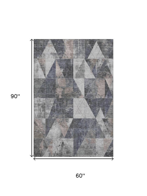 5' X 8' Gray And Beige Geometric Washable Area Rug With UV Protection