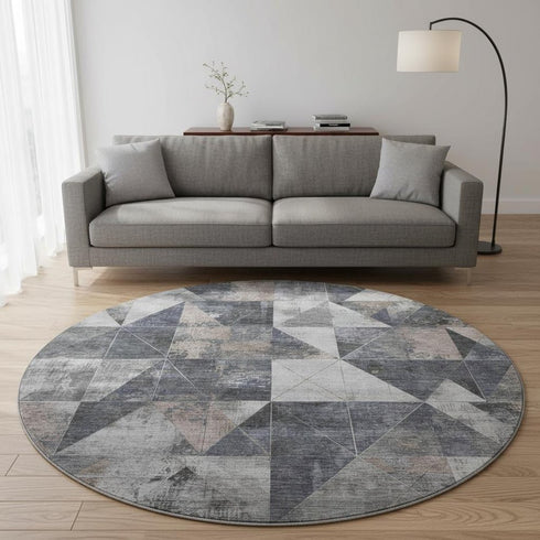 8' Gray And Beige Geometric Washable Round Rug With UV Protection