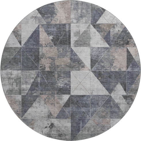 8' Gray And Beige Geometric Washable Round Rug With UV Protection