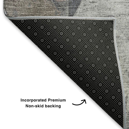 8' Gray And Beige Geometric Washable Round Rug With UV Protection