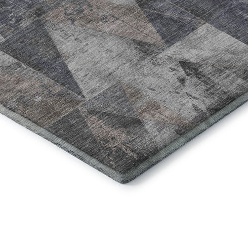 8' Gray And Beige Geometric Washable Round Rug With UV Protection