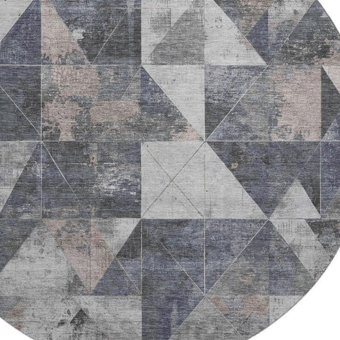 8' Gray And Beige Geometric Washable Round Rug With UV Protection