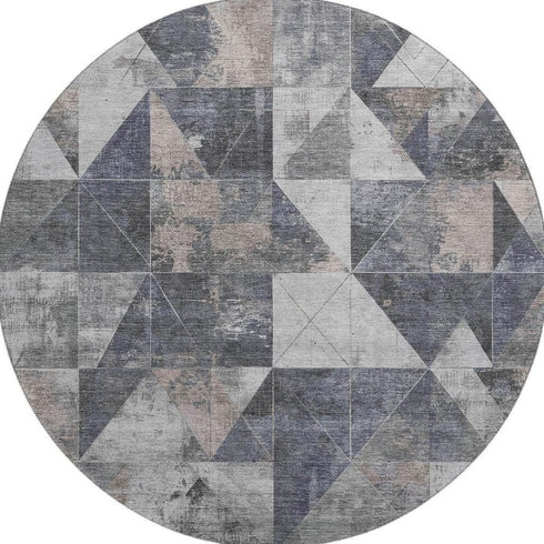 8' Gray And Beige Geometric Washable Round Rug With UV Protection