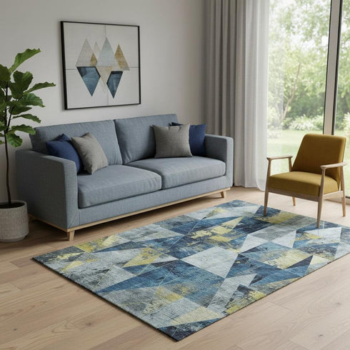 5' X 8' Navy Blue And Gold Geometric Washable Area Rug With UV Protection