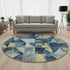 8' Navy Blue And Gold Geometric Washable Round Rug With UV Protection