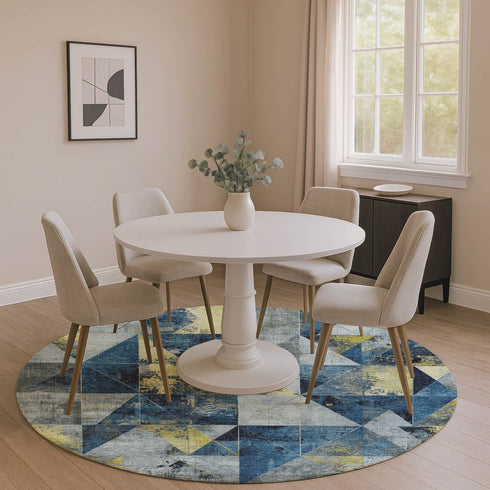 8' Navy Blue And Gold Geometric Washable Round Rug With UV Protection