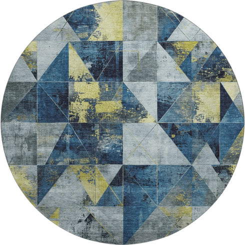 8' Navy Blue And Gold Geometric Washable Round Rug With UV Protection