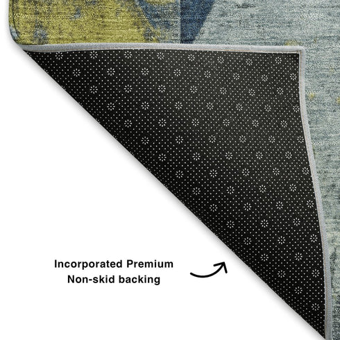 8' Navy Blue And Gold Geometric Washable Round Rug With UV Protection