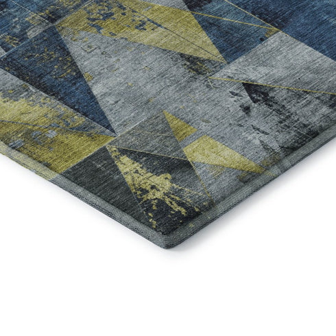 8' Navy Blue And Gold Geometric Washable Round Rug With UV Protection