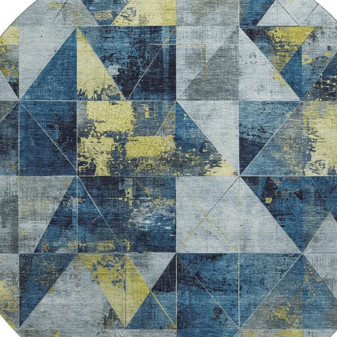 8' Navy Blue And Gold Geometric Washable Round Rug With UV Protection