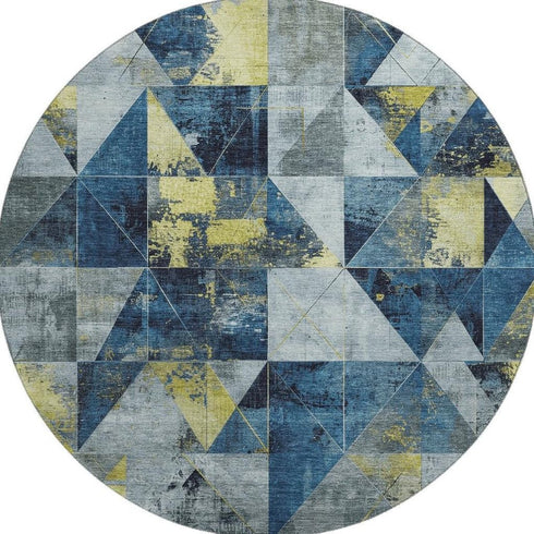 8' Navy Blue And Gold Geometric Washable Round Rug With UV Protection
