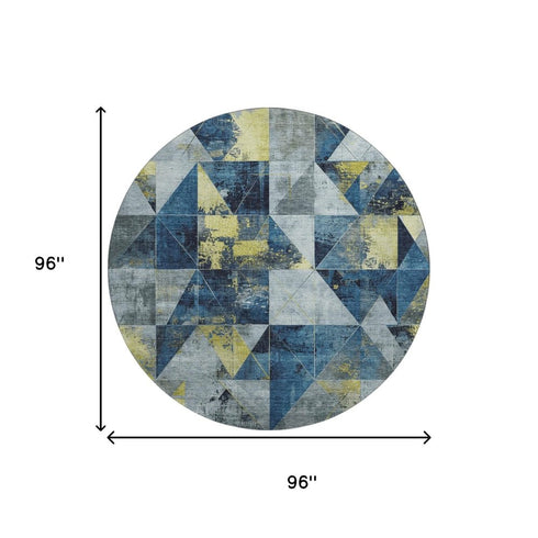 8' Navy Blue And Gold Geometric Washable Round Rug With UV Protection