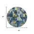 8' Navy Blue And Gold Geometric Washable Round Rug With UV Protection