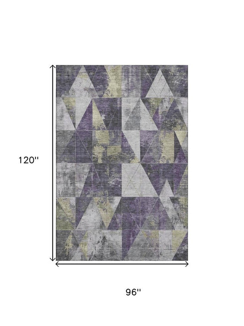 8' X 10' Purple And Beige Geometric Washable Area Rug With UV Protection