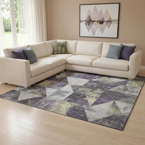 8' X 10' Purple And Beige Geometric Washable Area Rug With UV Protection