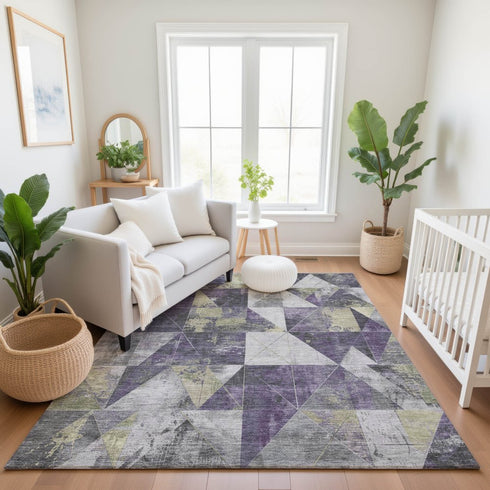 8' X 10' Purple And Beige Geometric Washable Area Rug With UV Protection