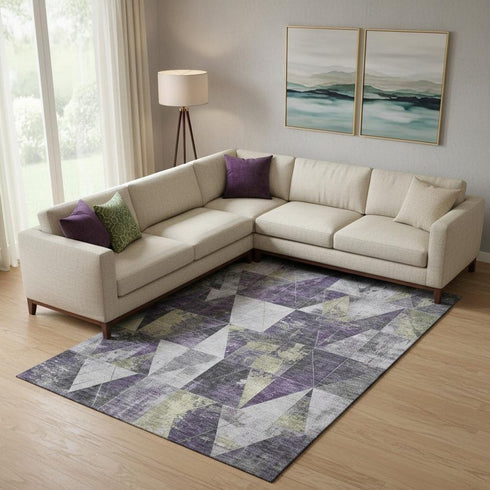 9' X 12' Purple And Beige Geometric Washable Area Rug With UV Protection