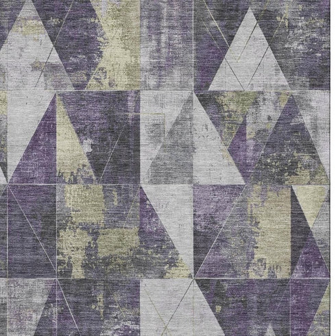 9' X 12' Purple And Beige Geometric Washable Area Rug With UV Protection