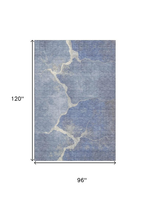 8' X 10' Denim Blue And Gray Abstract Washable Area Rug With UV Protection