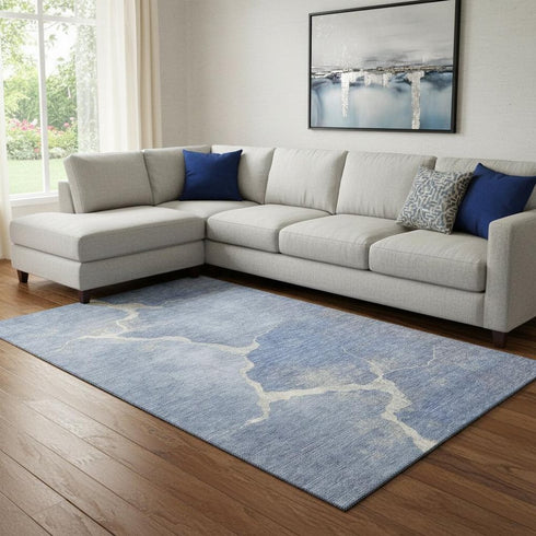 8' X 10' Denim Blue And Gray Abstract Washable Area Rug With UV Protection