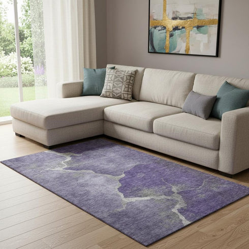 8' X 10' Purple And Beige Abstract Washable Area Rug With UV Protection