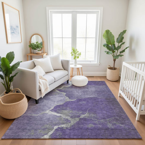 8' X 10' Purple And Beige Abstract Washable Area Rug With UV Protection