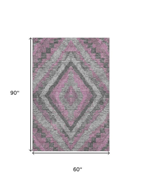 5' X 8' Blush Charcoal And Gray Diamond Washable Area Rug With UV Protection