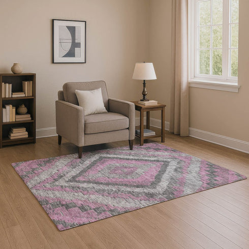 9' X 12' Blush Charcoal And Gray Diamond Washable Area Rug With UV Protection