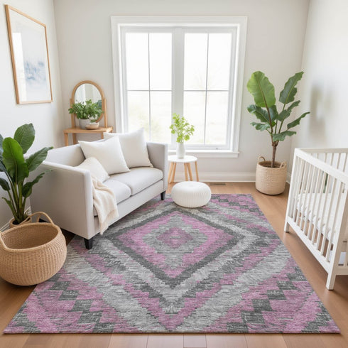 9' X 12' Blush Charcoal And Gray Diamond Washable Area Rug With UV Protection