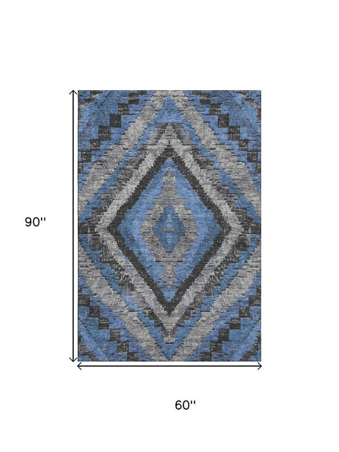 5' X 8' Blue Charcoal And Gray Diamond Washable Area Rug With UV Protection