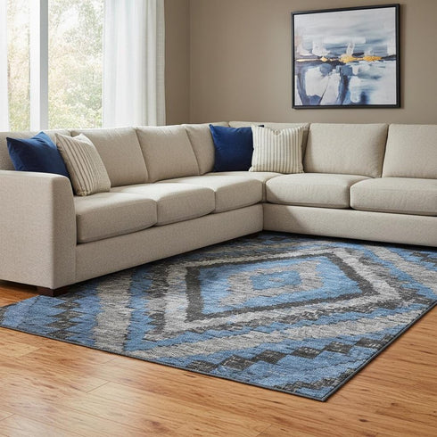 8' X 10' Blue Charcoal And Gray Diamond Washable Area Rug With UV Protection