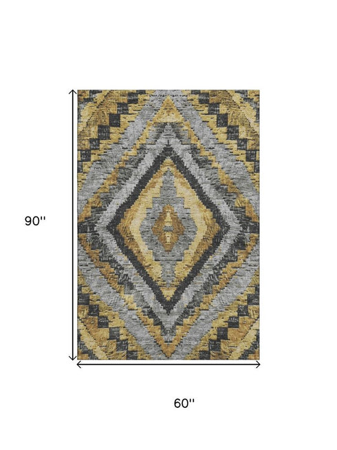 5' X 8' Gold Charcoal And Gray Diamond Washable Area Rug With UV Protection