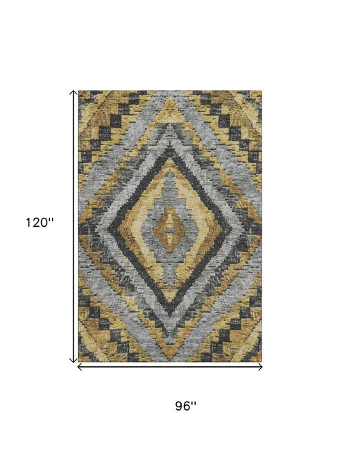 8' X 10' Gold Charcoal And Gray Diamond Washable Area Rug With UV Protection