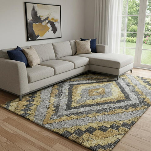 8' X 10' Gold Charcoal And Gray Diamond Washable Area Rug With UV Protection