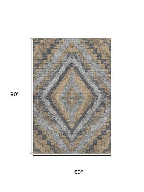 5' X 8' Khaki Charcoal And Gray Diamond Washable Area Rug With UV Protection