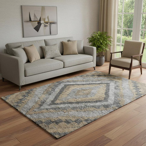 5' X 8' Khaki Charcoal And Gray Diamond Washable Area Rug With UV Protection