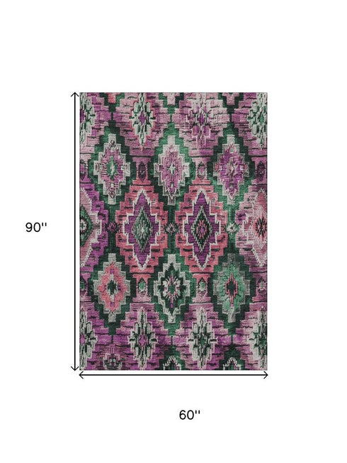 5' X 8' Blush Green And Ivory Ikat Washable Area Rug With UV Protection
