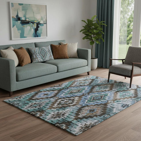 5' X 8' Brown And Blue Ikat Washable Area Rug With UV Protection