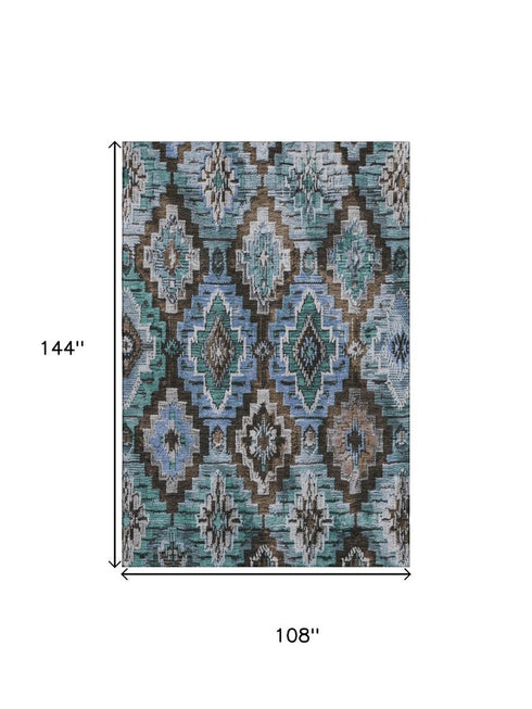 9' X 12' Brown And Blue Ikat Washable Area Rug With UV Protection