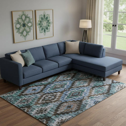 9' X 12' Brown And Blue Ikat Washable Area Rug With UV Protection