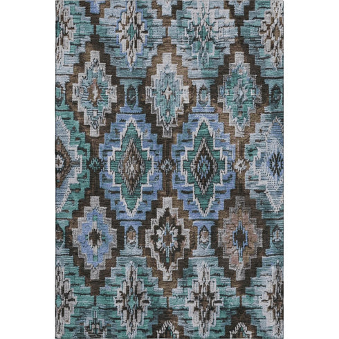 9' X 12' Brown And Blue Ikat Washable Area Rug With UV Protection