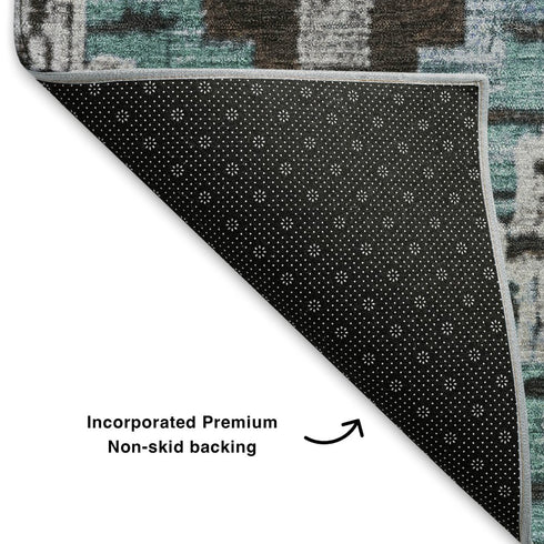 9' X 12' Brown And Blue Ikat Washable Area Rug With UV Protection