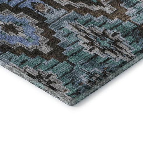 9' X 12' Brown And Blue Ikat Washable Area Rug With UV Protection
