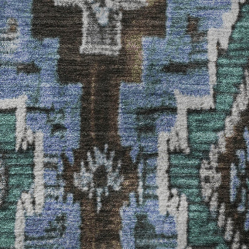 9' X 12' Brown And Blue Ikat Washable Area Rug With UV Protection