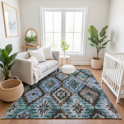 9' X 12' Brown And Blue Ikat Washable Area Rug With UV Protection