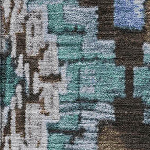 9' X 12' Brown And Blue Ikat Washable Area Rug With UV Protection