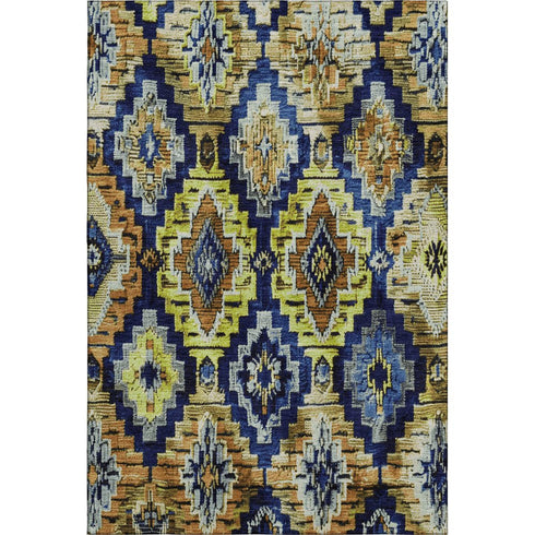 5' X 8' Navy Blue Gold And Beige Ikat Washable Area Rug With UV Protection