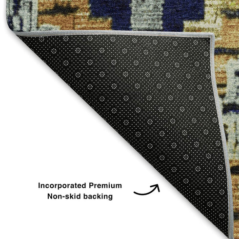5' X 8' Navy Blue Gold And Beige Ikat Washable Area Rug With UV Protection